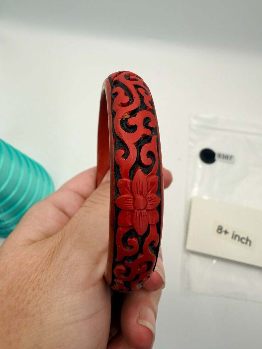 Vintage Carved Cinnabar Lacquer Floral Bangle Bracelet